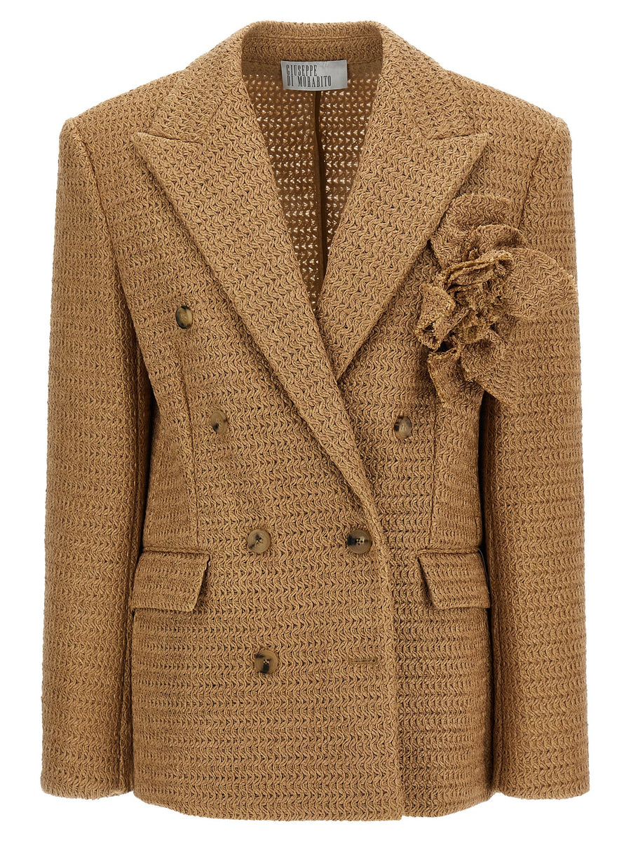 Giuseppe Di Morabito Braided Raffia Blazer For Women Luxury Texture And Removable Flower Brooch