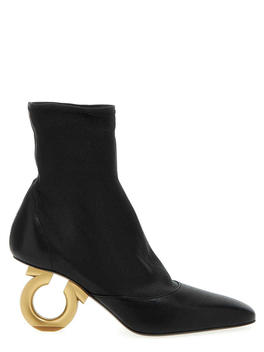 Ferragamo Adhar Ankle Boots For Women Premium One Hundred Percent Kid Leather Gold Logo Heel Luxury Statement