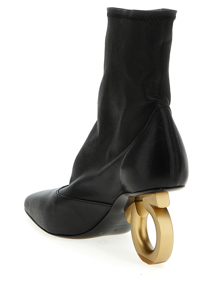 Ferragamo Adhar Ankle Boots For Women Premium One Hundred Percent Kid Leather Gold Logo Heel Luxury Statement