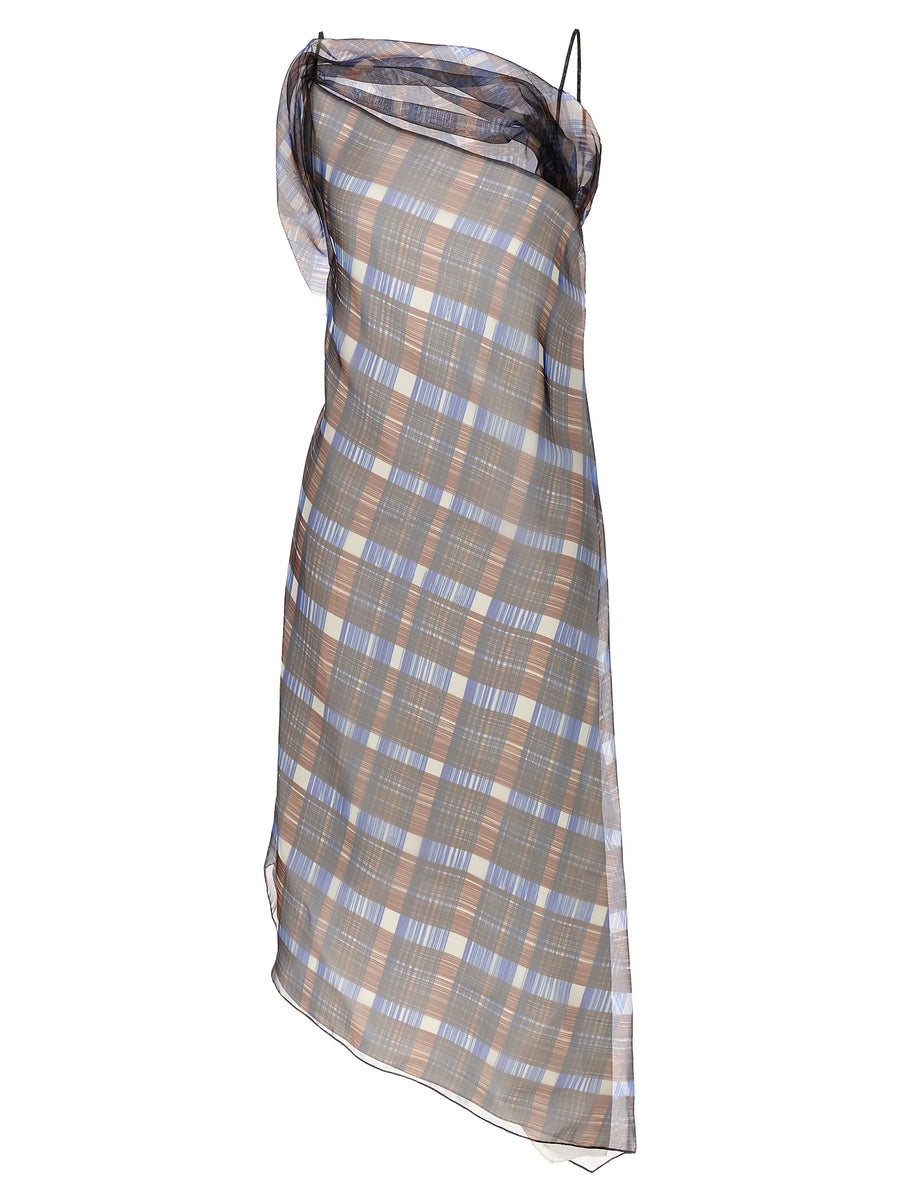 Ferragamo Asymmetrical Dress For Women Bold Architectural Check Print Organza Inspired Polyester