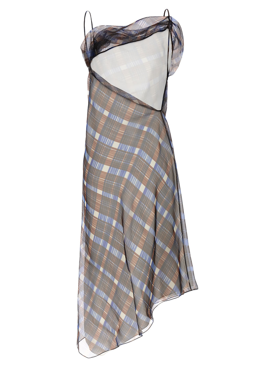 Ferragamo Asymmetrical Dress For Women Bold Architectural Check Print Organza Inspired Polyester