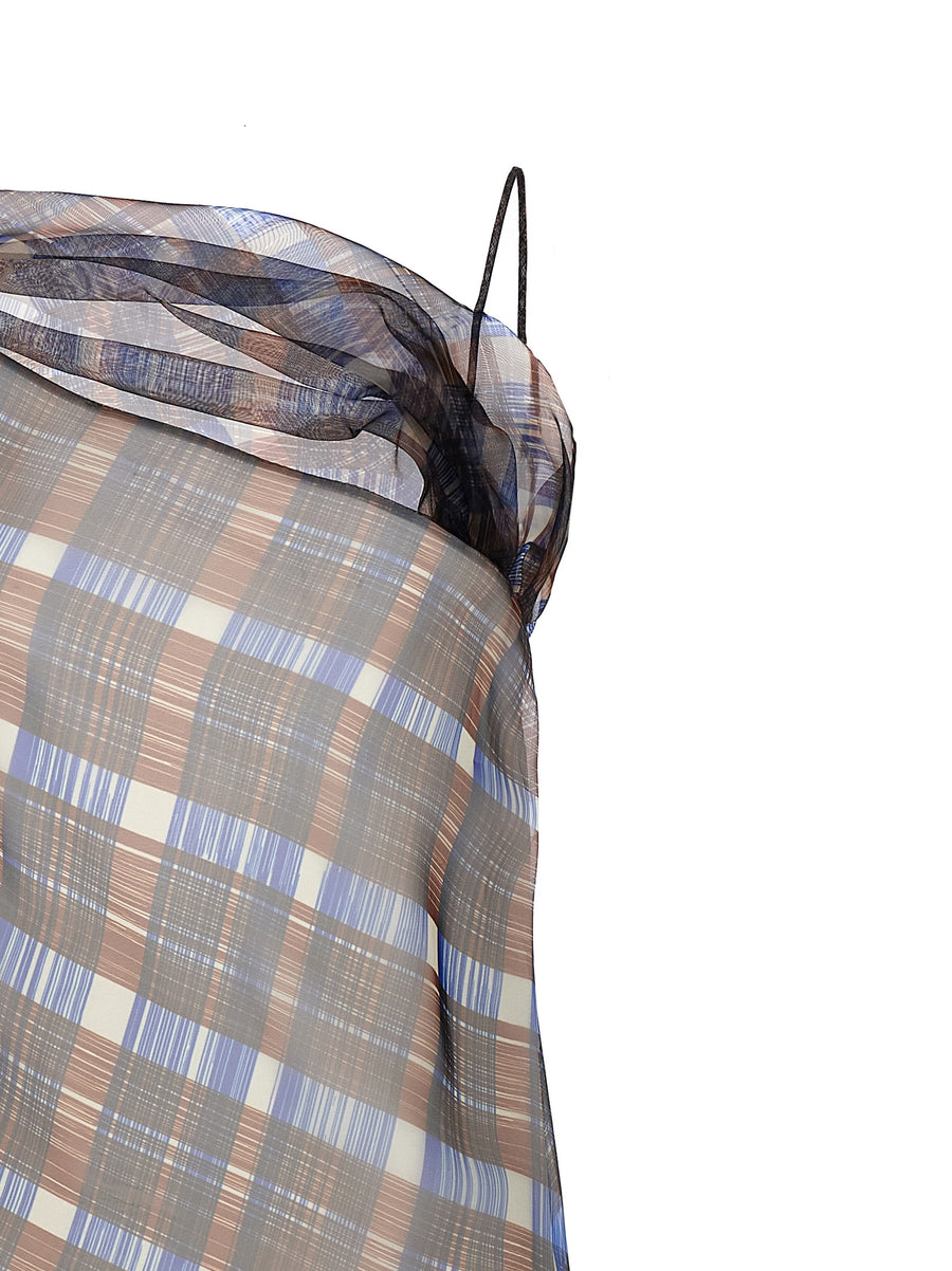 Ferragamo Asymmetrical Dress For Women Bold Architectural Check Print Organza Inspired Polyester