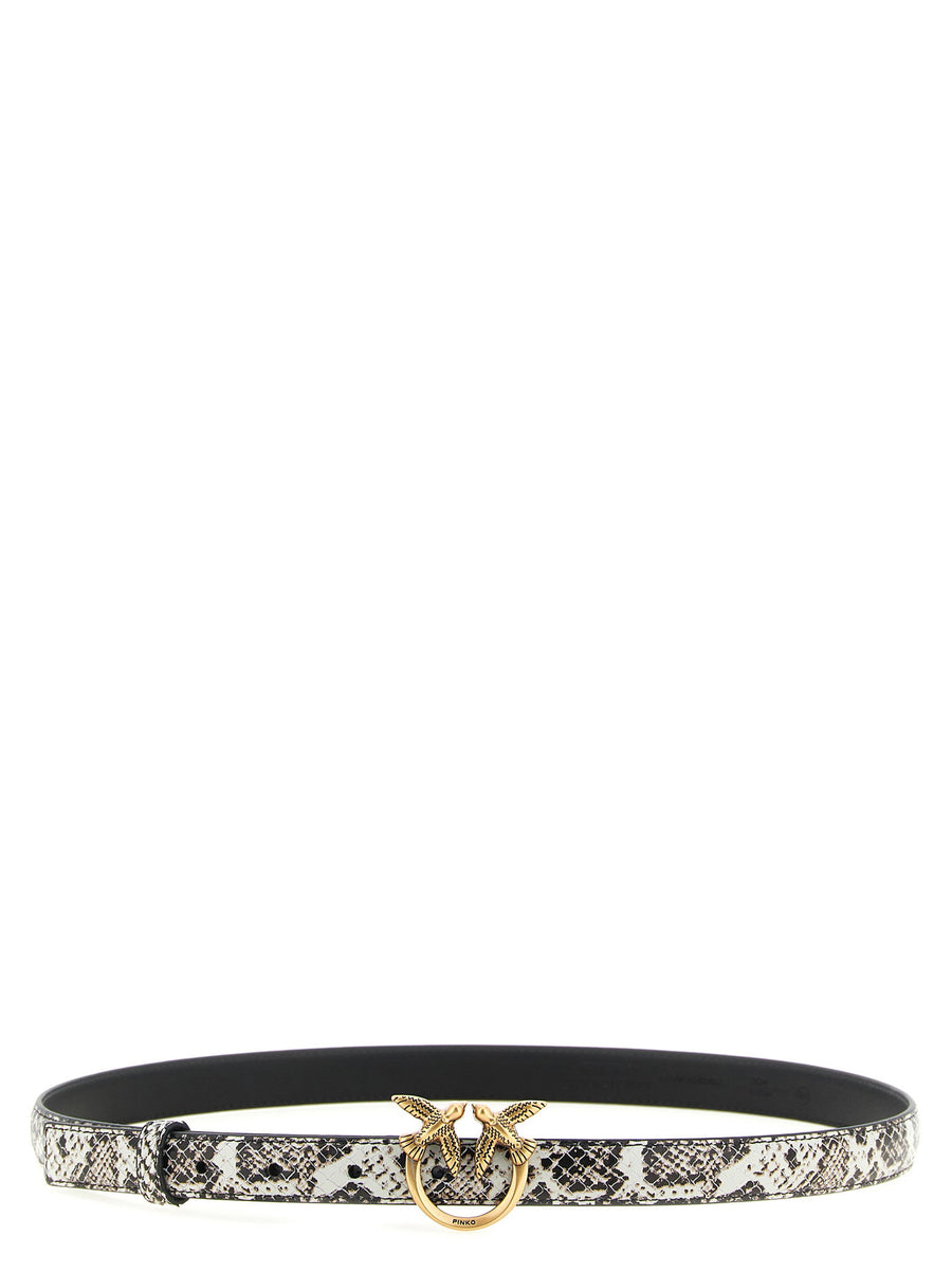 Pinko Gray Python Print Leather Belt With Gold Love Birds Buckle