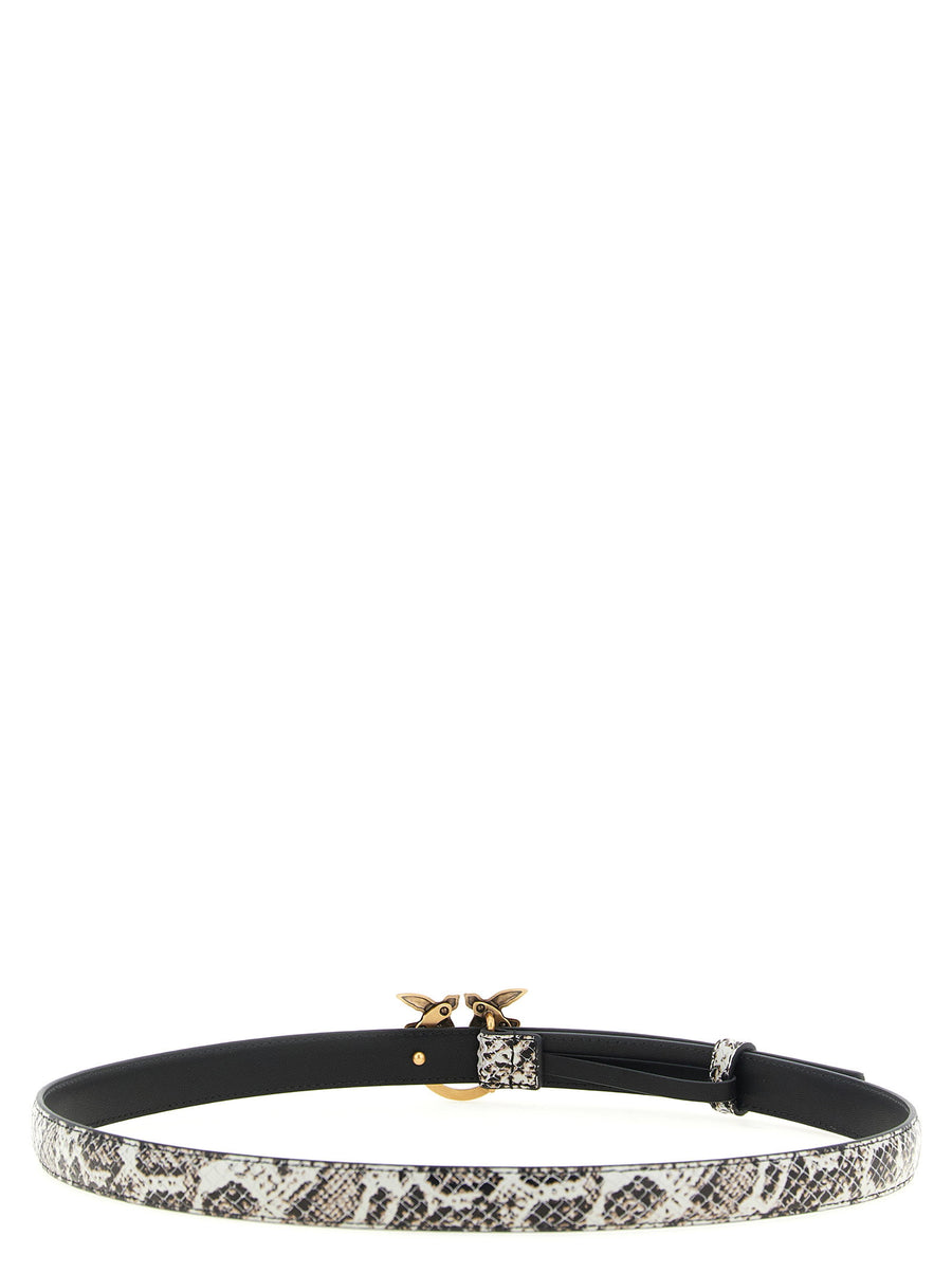 Pinko Gray Python Print Leather Belt With Gold Love Birds Buckle