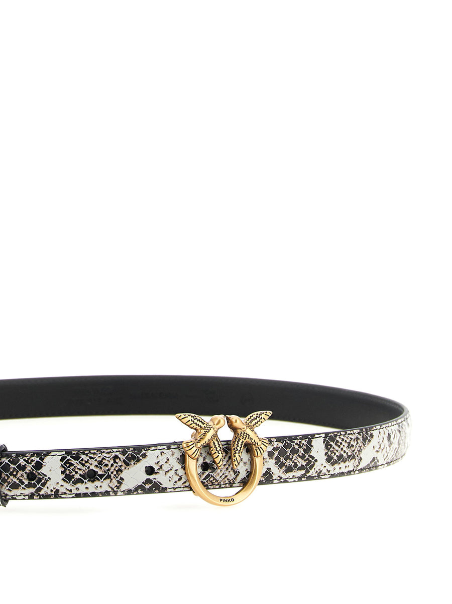 Pinko Gray Python Print Leather Belt With Gold Love Birds Buckle