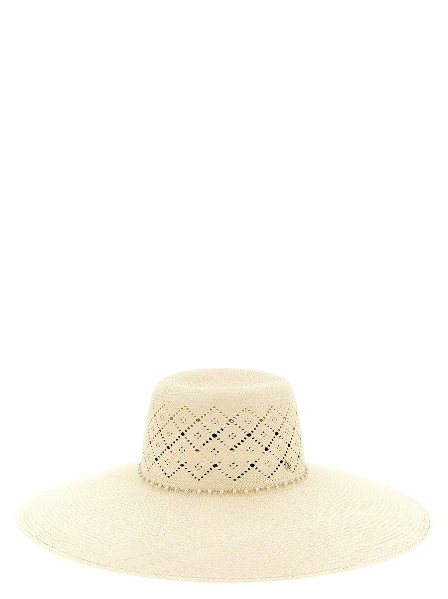 Blanche Hat By Maison Michel Luxurious Handcrafted Panama Straw With Openwork Embroidery And Pearl Chain For Women
