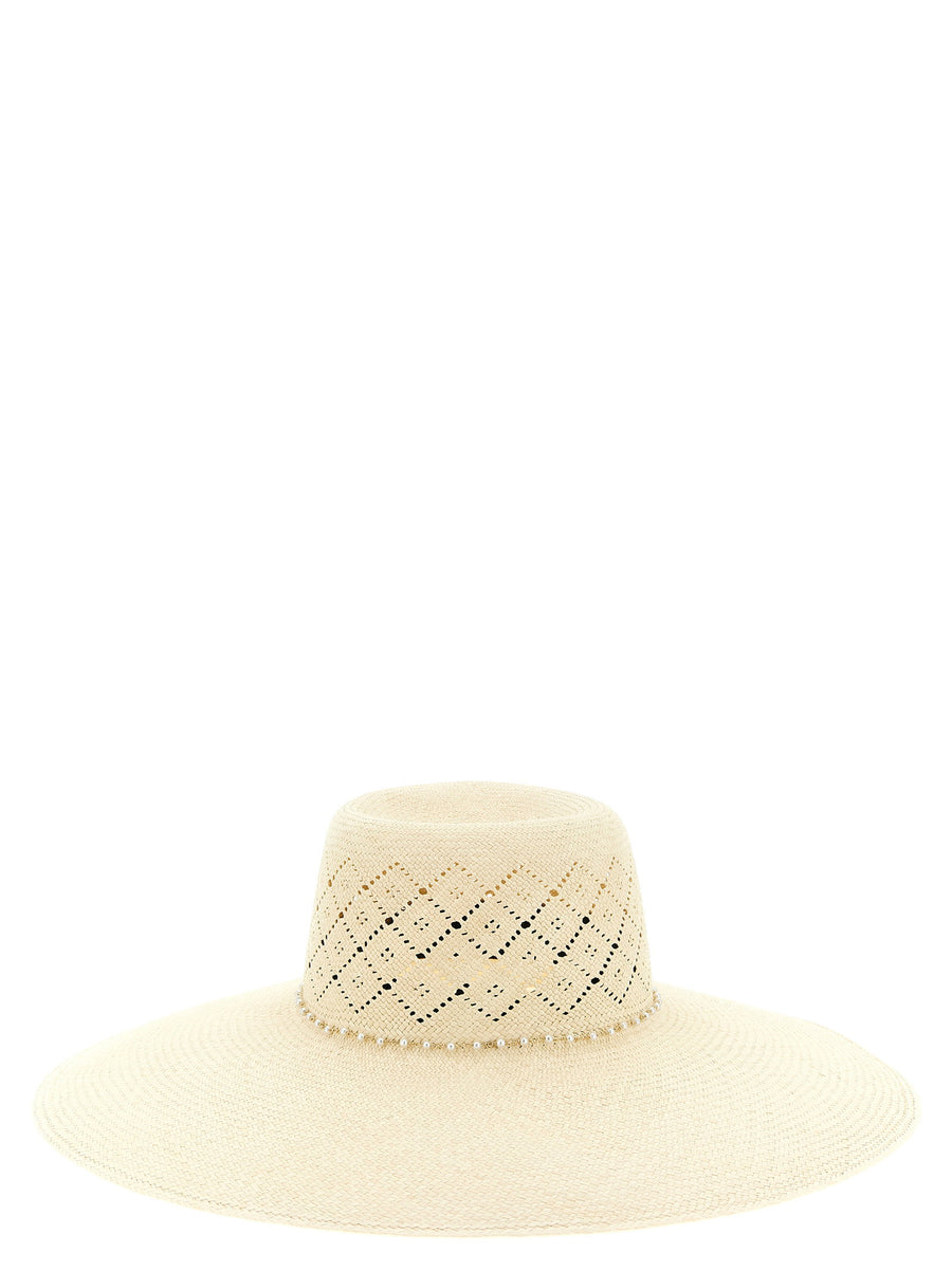 Blanche Hat By Maison Michel Luxurious Handcrafted Panama Straw With Openwork Embroidery And Pearl Chain For Women