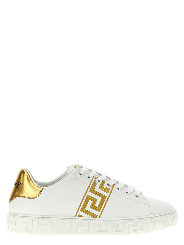 Versace Greca Embroidered Leather Sneakers For Men With Gold Details