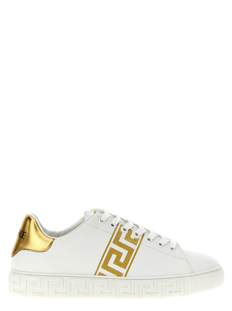 Versace Greca Embroidered Leather Sneakers For Men With Gold Details