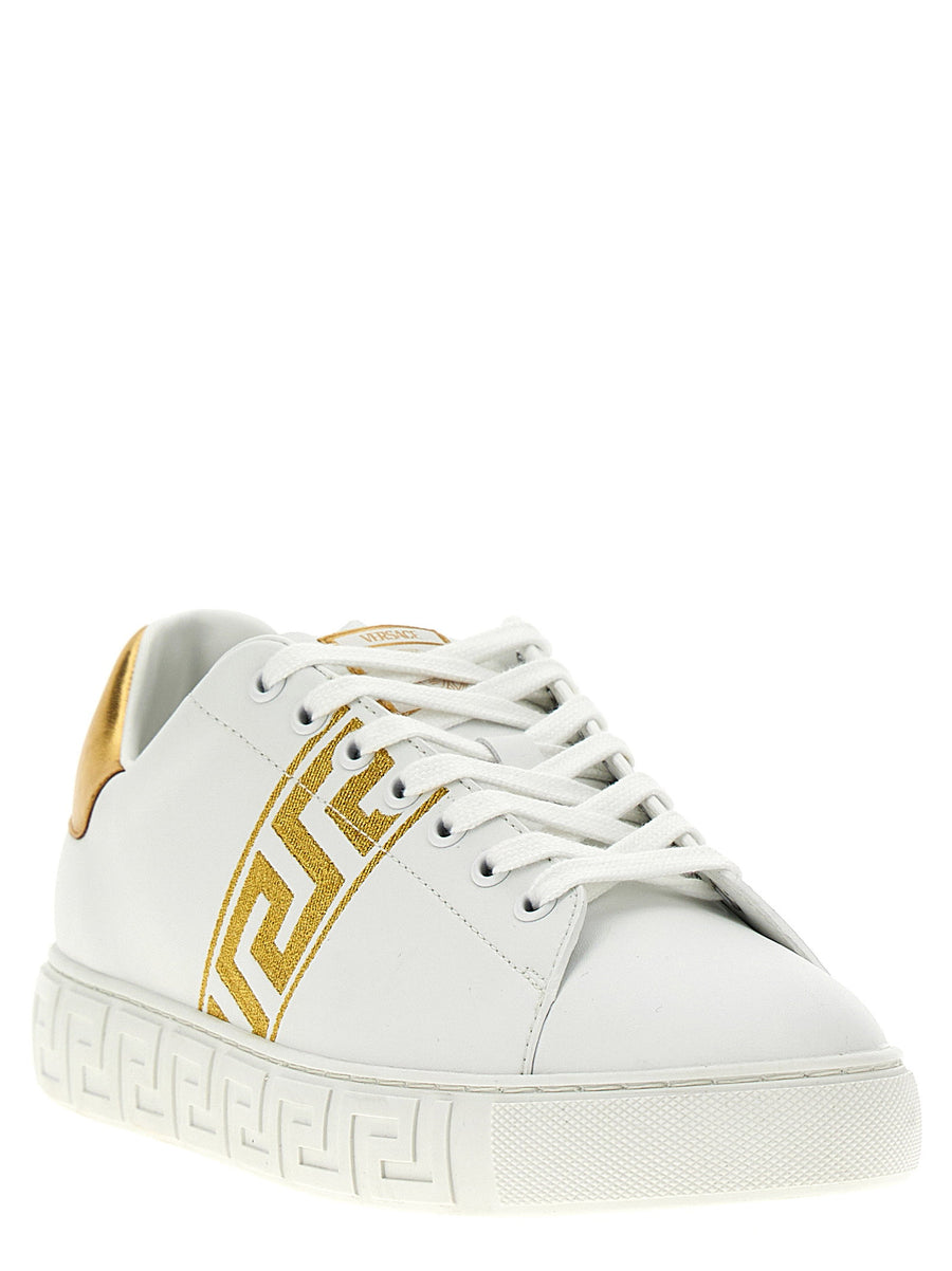 Versace Greca Embroidered Leather Sneakers For Men With Gold Details