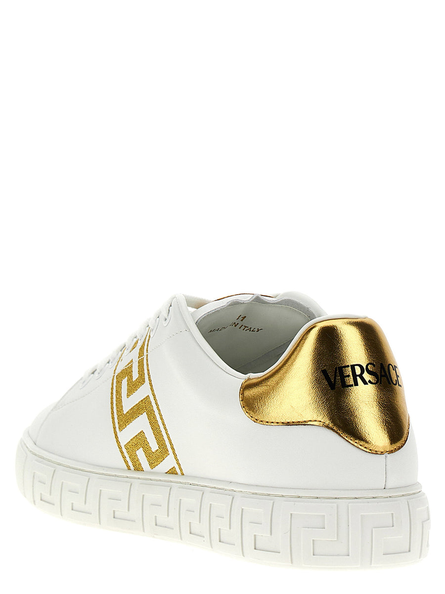 Versace Greca Embroidered Leather Sneakers For Men With Gold Details