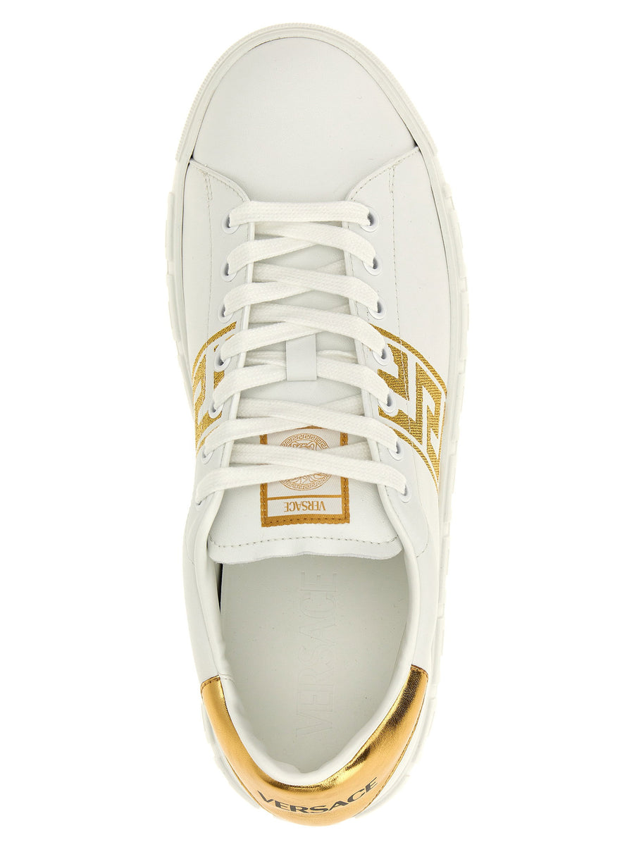 Versace Greca Embroidered Leather Sneakers For Men With Gold Details