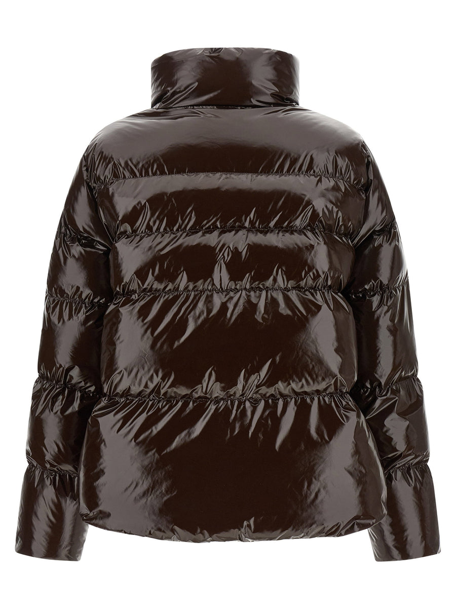 Pinko Love Birds Down Jacket Brown Ultra Glossy Quilted With High Neck