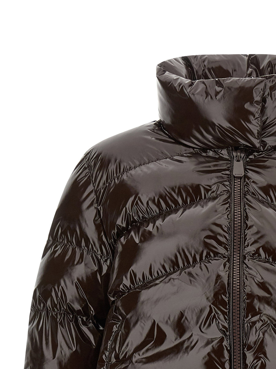 Pinko Love Birds Down Jacket Brown Ultra Glossy Quilted With High Neck