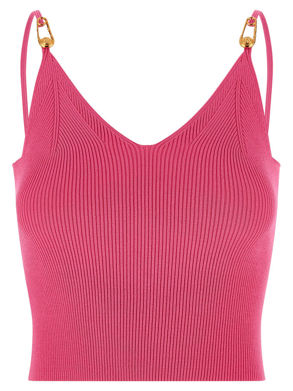 Versace Fuchsia Safety Pin Crop Top In Stretch Knit V Neck