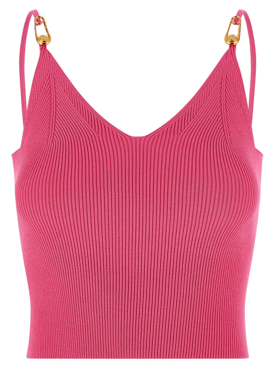 Versace Fuchsia Safety Pin Crop Top In Stretch Knit V Neck