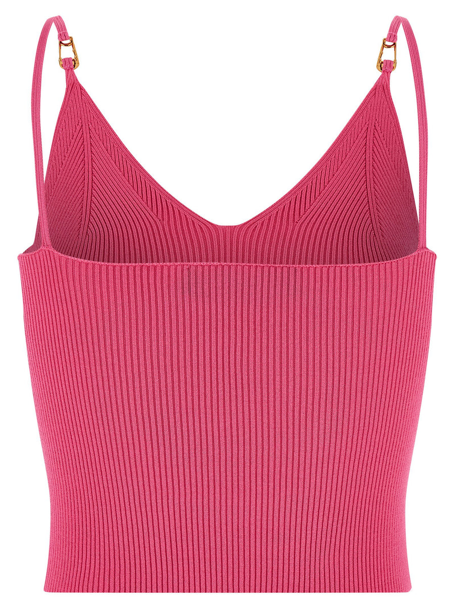 Versace Fuchsia Safety Pin Crop Top In Stretch Knit V Neck