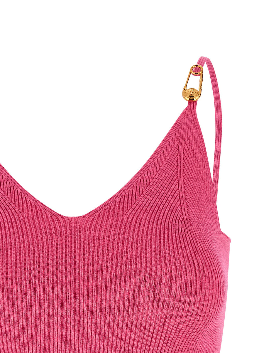 Versace Fuchsia Safety Pin Crop Top In Stretch Knit V Neck