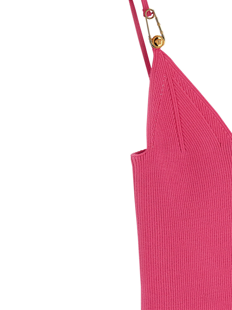 Versace Fuchsia Safety Pin Crop Top In Stretch Knit V Neck