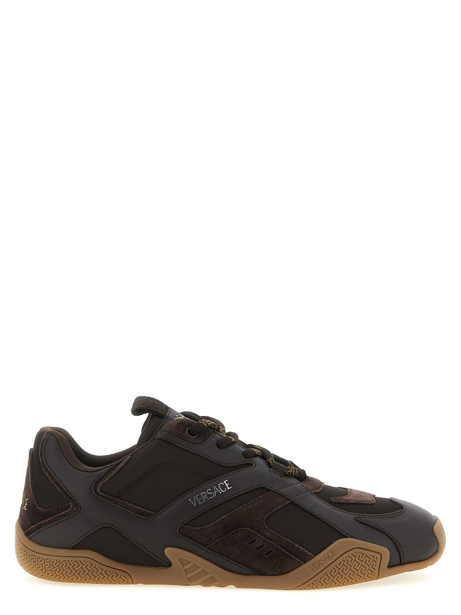 Versace Galaxia Luxury Sneakers for Men Calfskin Leather Suede and Technical Fabric with Embossed Logo and Greca Pattern