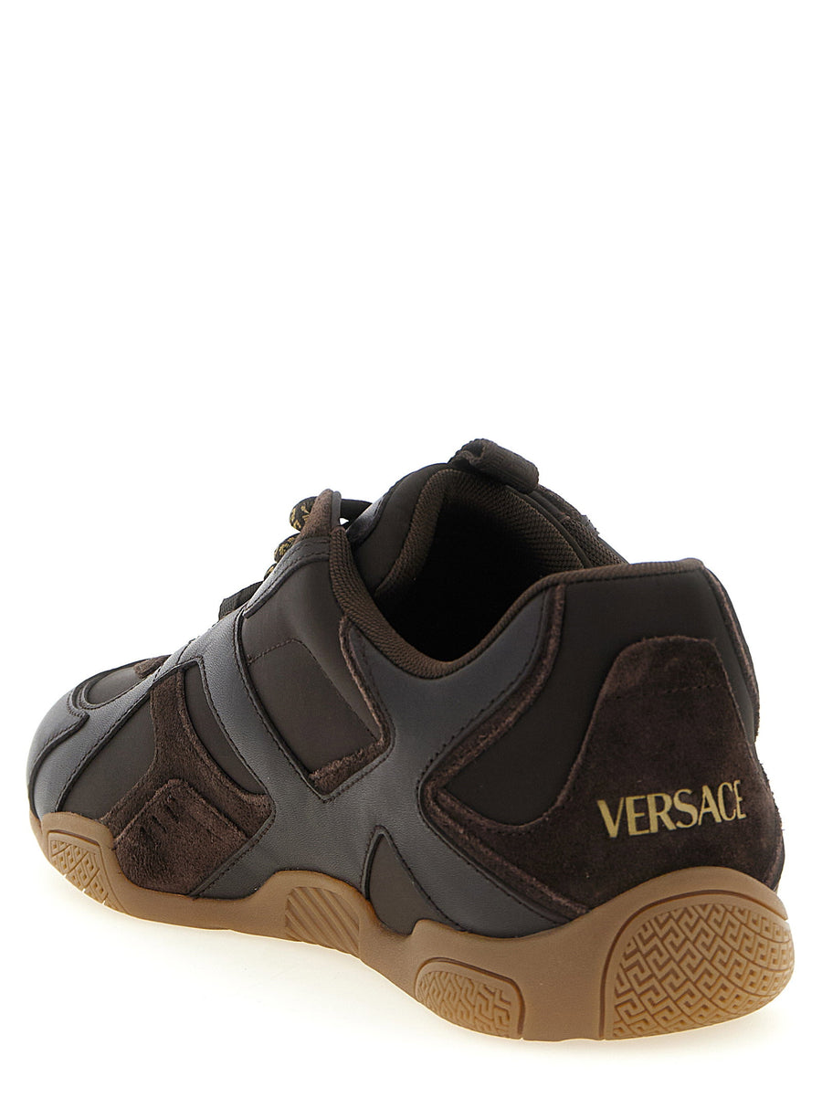 Versace Galaxia Luxury Sneakers for Men Calfskin Leather Suede and Technical Fabric with Embossed Logo and Greca Pattern