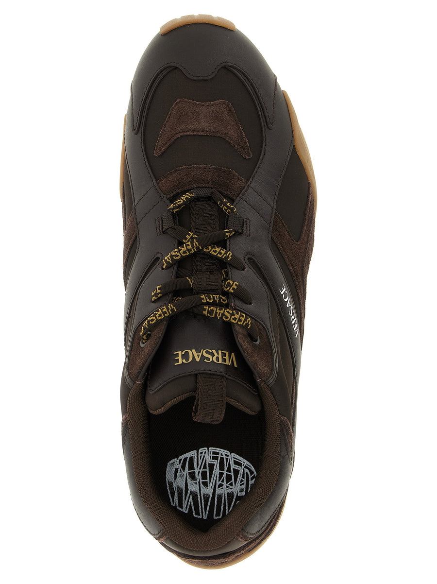 Versace Galaxia Luxury Sneakers for Men Calfskin Leather Suede and Technical Fabric with Embossed Logo and Greca Pattern