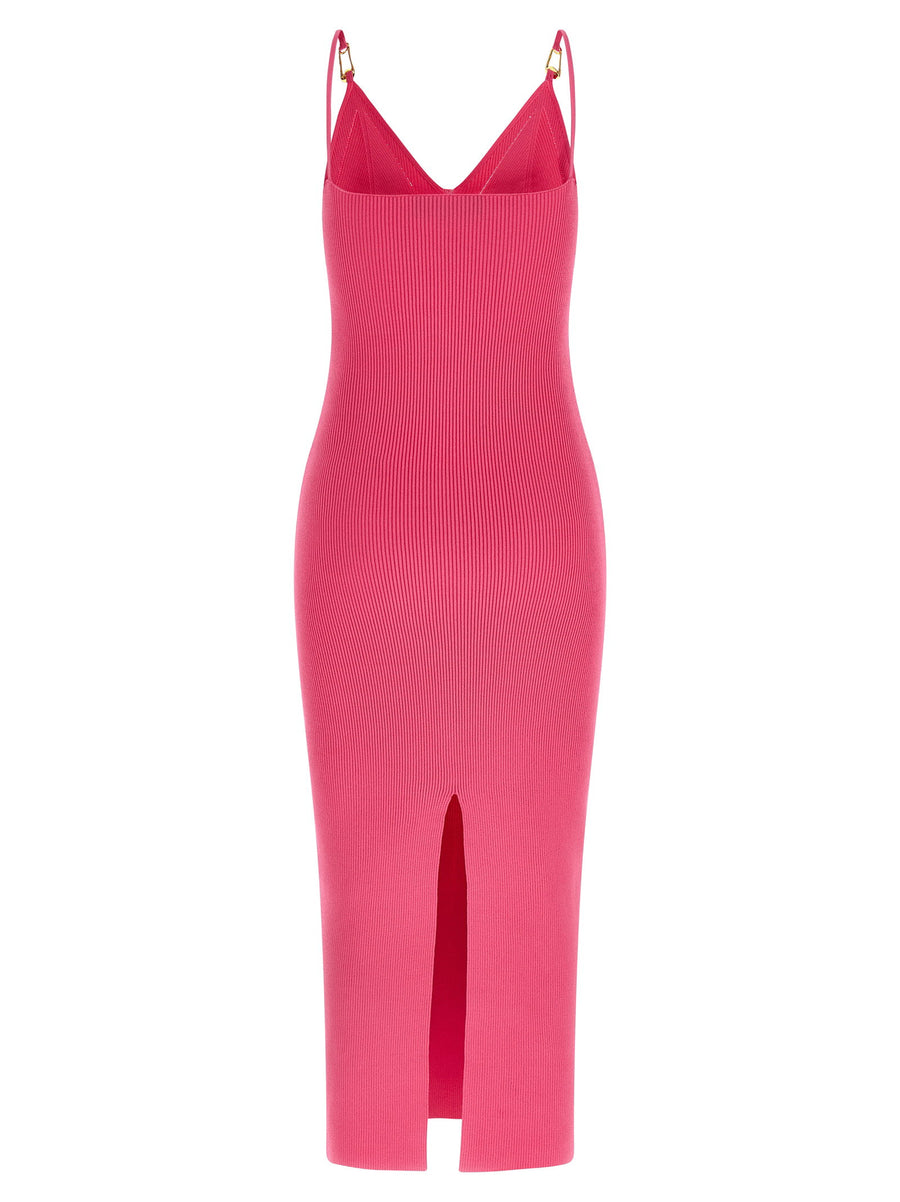 Versace Knit Dress Fuchsia Ribbed Knit Sheath With V Neck And Metal Logo For Fashion Forward Women