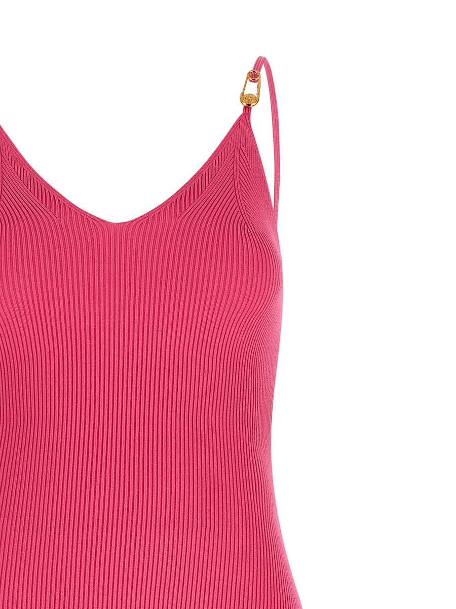 Versace Knit Dress Fuchsia Ribbed Knit Sheath With V Neck And Metal Logo For Fashion Forward Women