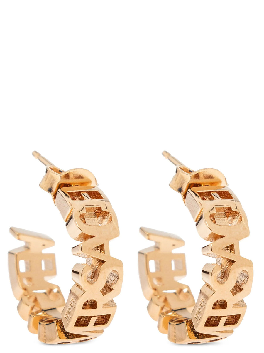 Versace Logo Hoop Earrings Gold Tone Signature Jewelry For Women With Butterfly Closure