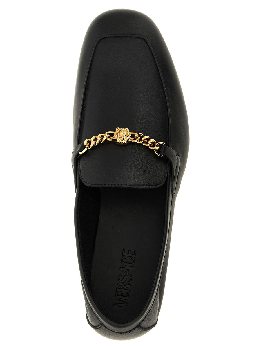 Versace Medusa Slippers For Men Luxury Indoor Calfskin Leather Slip On Comfort Signature Chain Detail