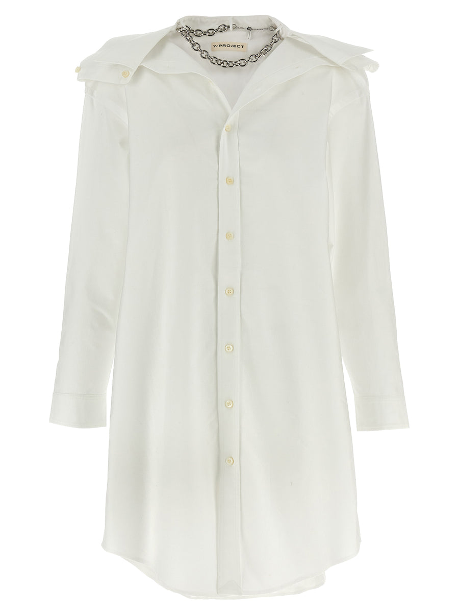 Y Project Chemisier Dress White Cotton Oxford Shirt Dress With Asymmetric Curl Collar And Removable Chain For Women