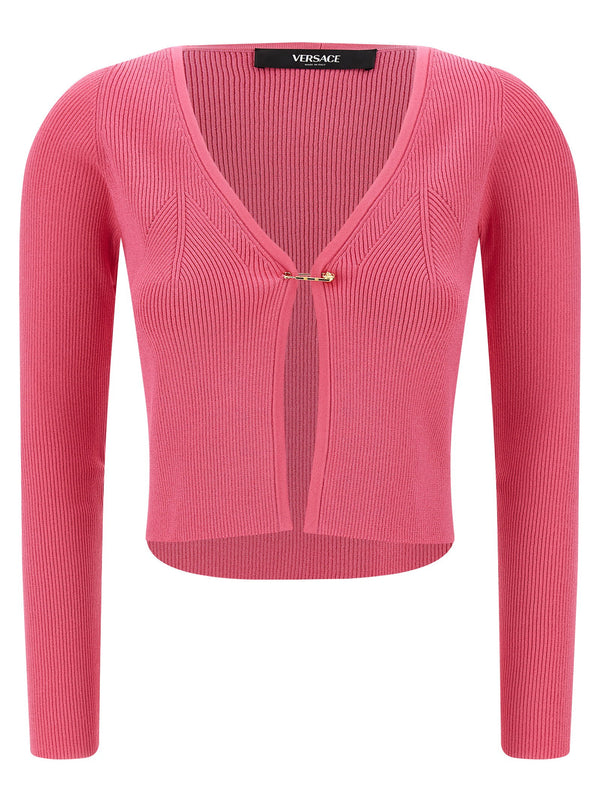 Versace Safety Pin Cardigan For Women Luxury Crop Knit With Removable Metal Pin Detail