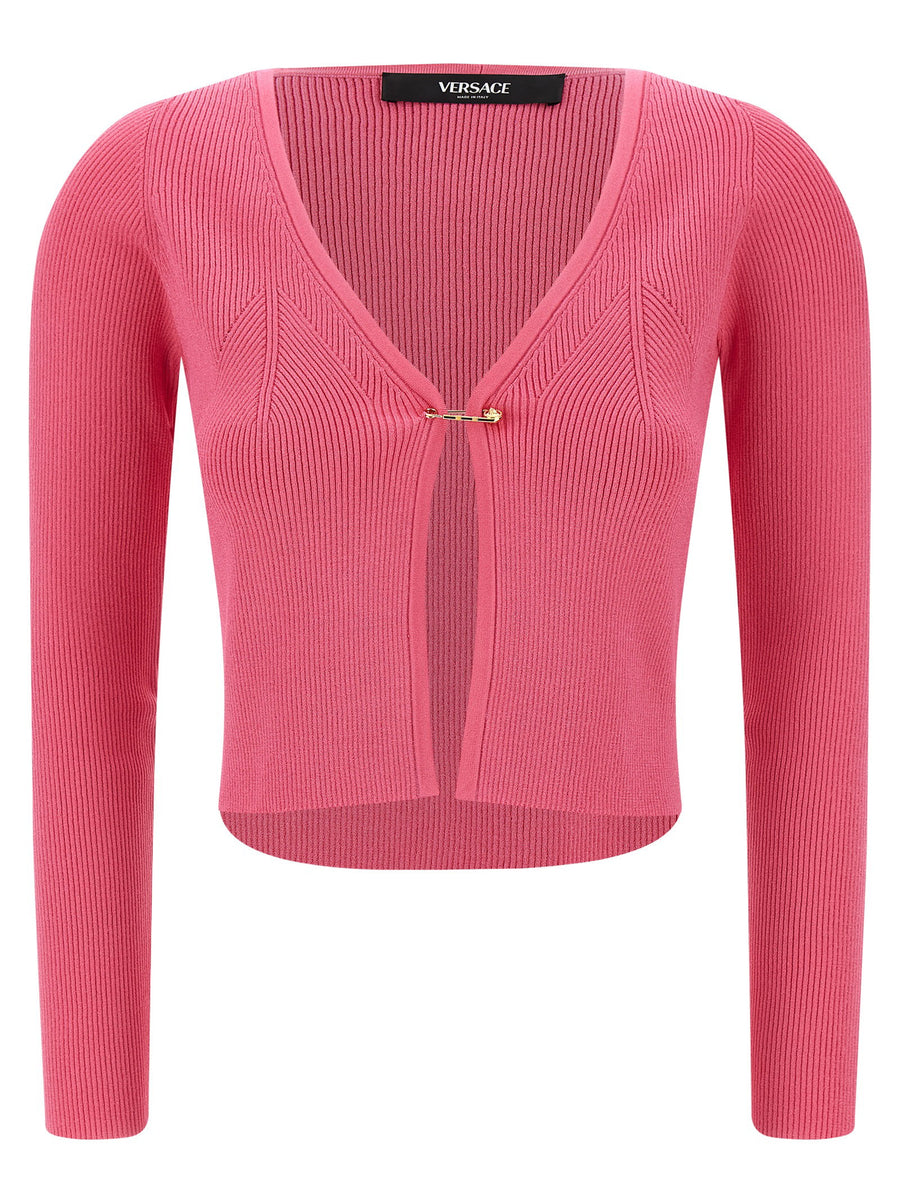 Versace Safety Pin Cardigan For Women Luxury Crop Knit With Removable Metal Pin Detail