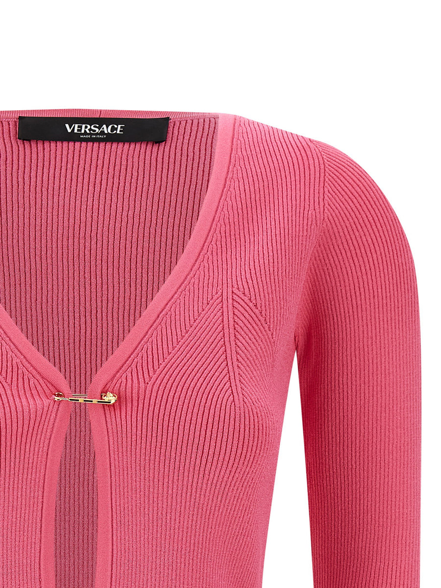 Versace Safety Pin Cardigan For Women Luxury Crop Knit With Removable Metal Pin Detail