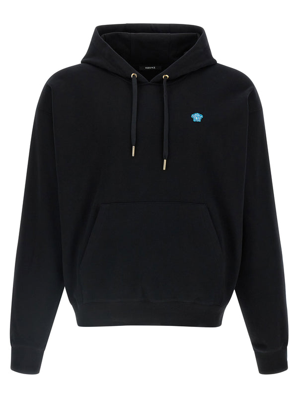 Versace Medusa Patch Hoodie Black 100% Cotton For Men Kangaroo Pocket
