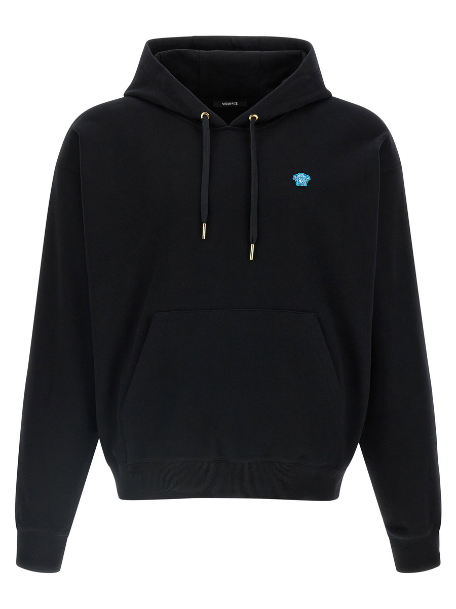 Versace Medusa Patch Hoodie Black 100% Cotton For Men Kangaroo Pocket