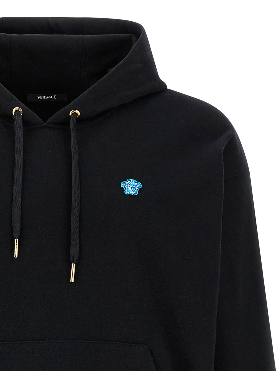 Versace Medusa Patch Hoodie Black 100% Cotton For Men Kangaroo Pocket