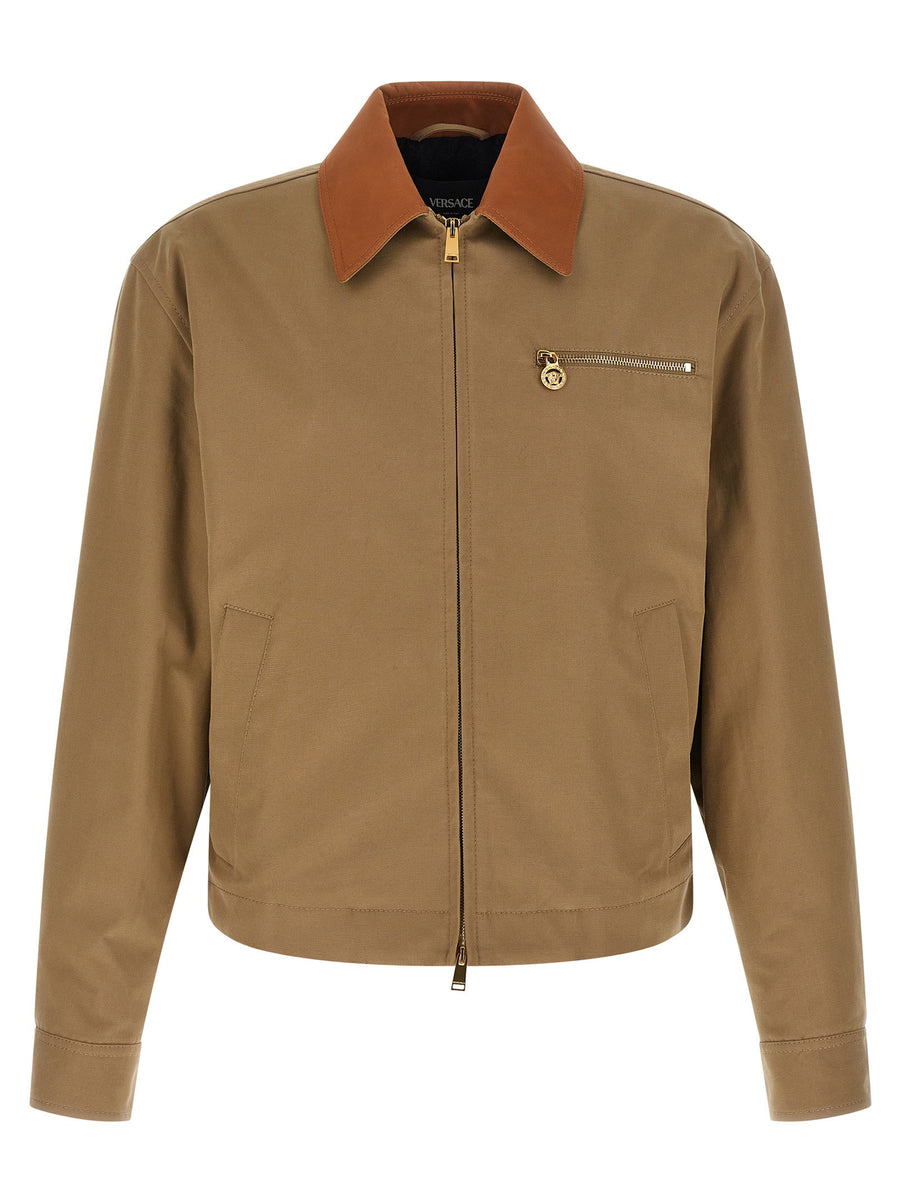 Versace Canvas Jacket For Men Luxury Everyday Outerwear In Beige Cotton Canvas With Leather Collar Front Zip