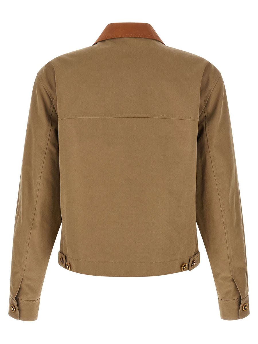 Versace Canvas Jacket For Men Luxury Everyday Outerwear In Beige Cotton Canvas With Leather Collar Front Zip