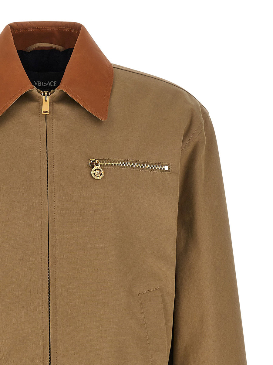 Versace Canvas Jacket For Men Luxury Everyday Outerwear In Beige Cotton Canvas With Leather Collar Front Zip