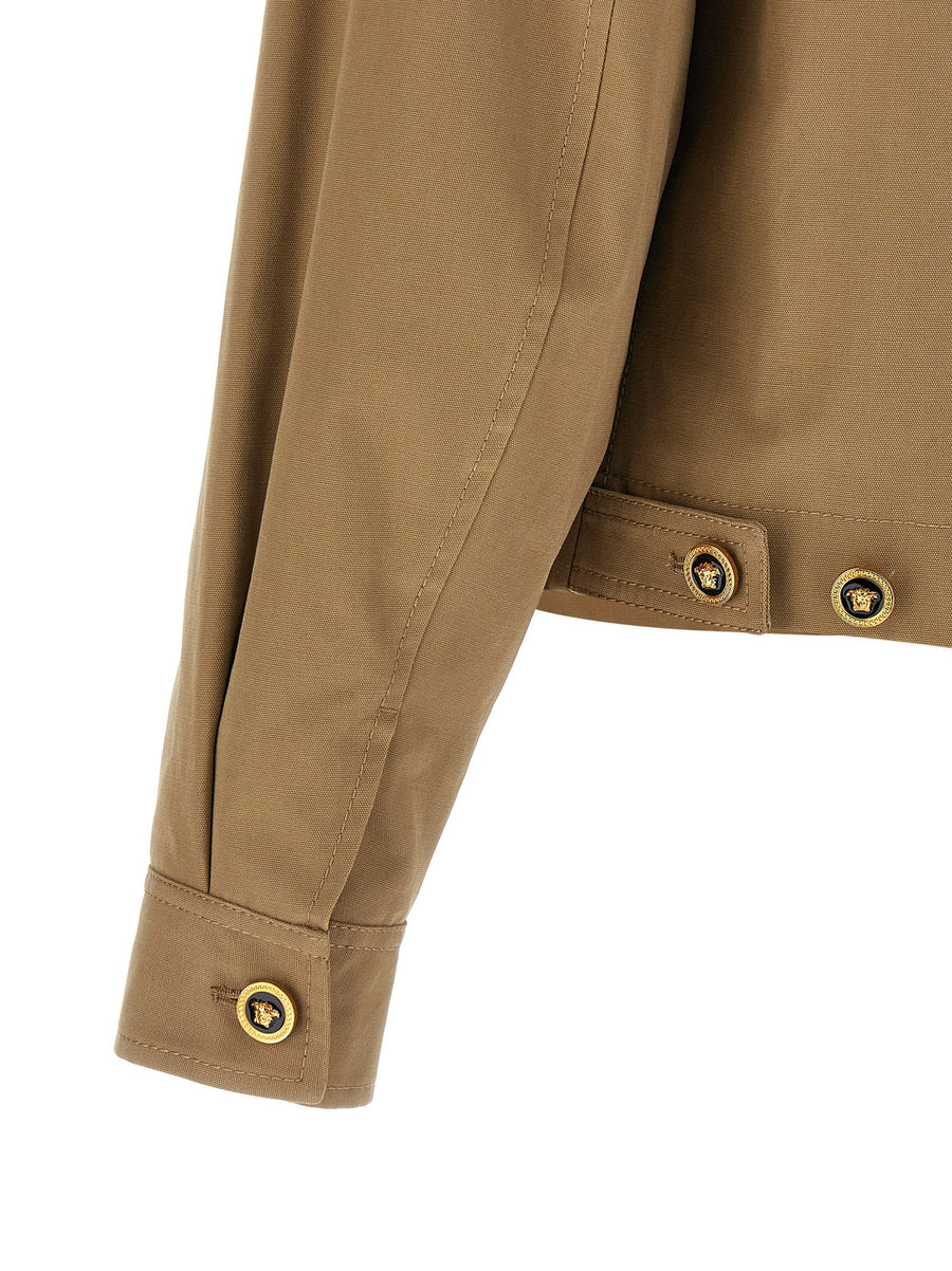 Versace Canvas Jacket For Men Luxury Everyday Outerwear In Beige Cotton Canvas With Leather Collar Front Zip