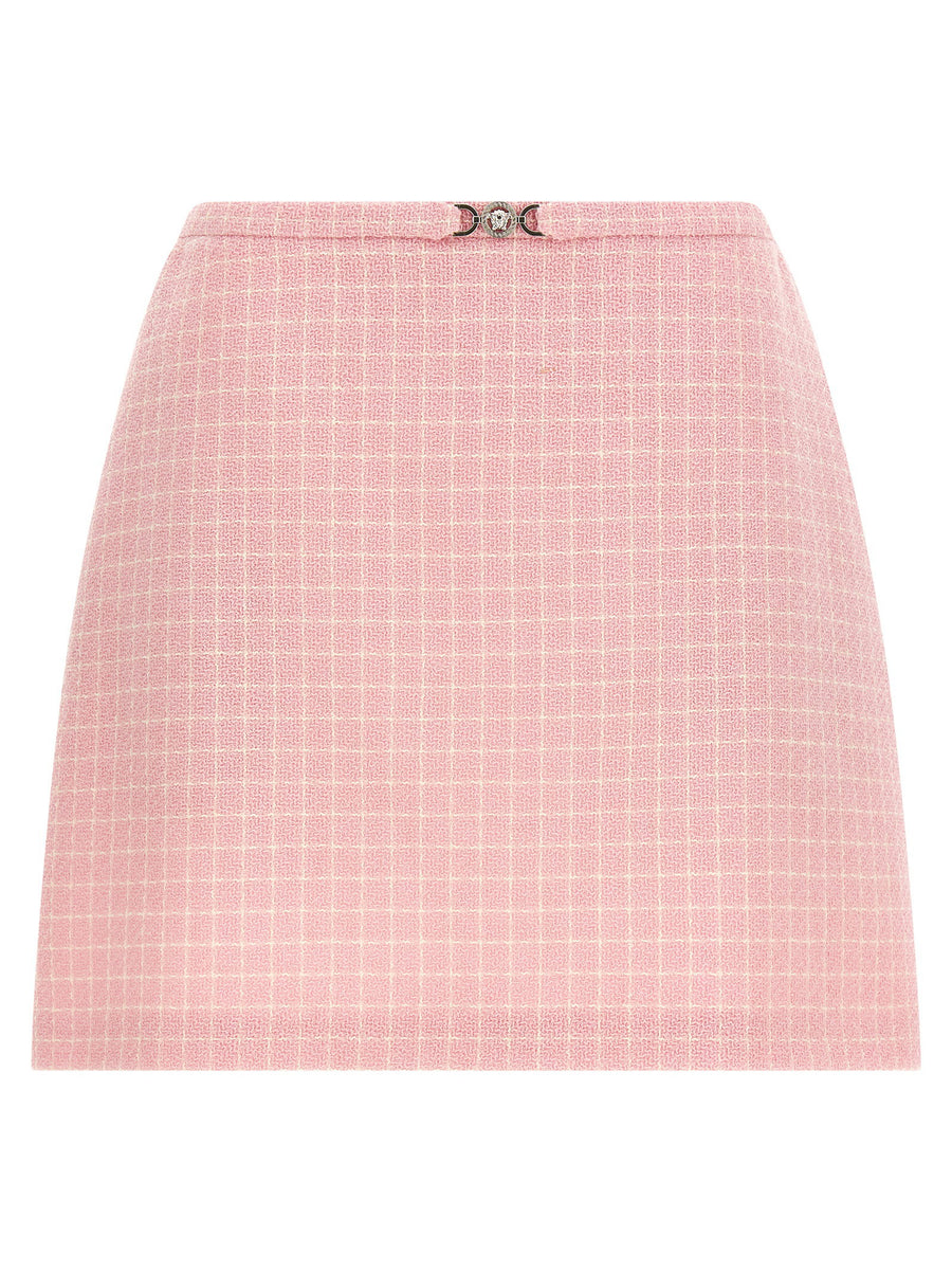 Versace Medusa 95 Pink Checked Wool Crepe Tweed Mini Skirt For Women With Flared Silhouette