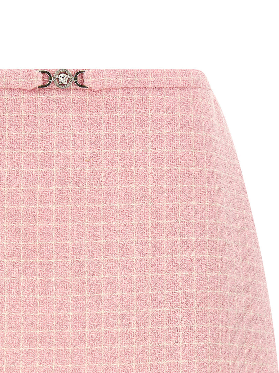 Versace Medusa 95 Pink Checked Wool Crepe Tweed Mini Skirt For Women With Flared Silhouette