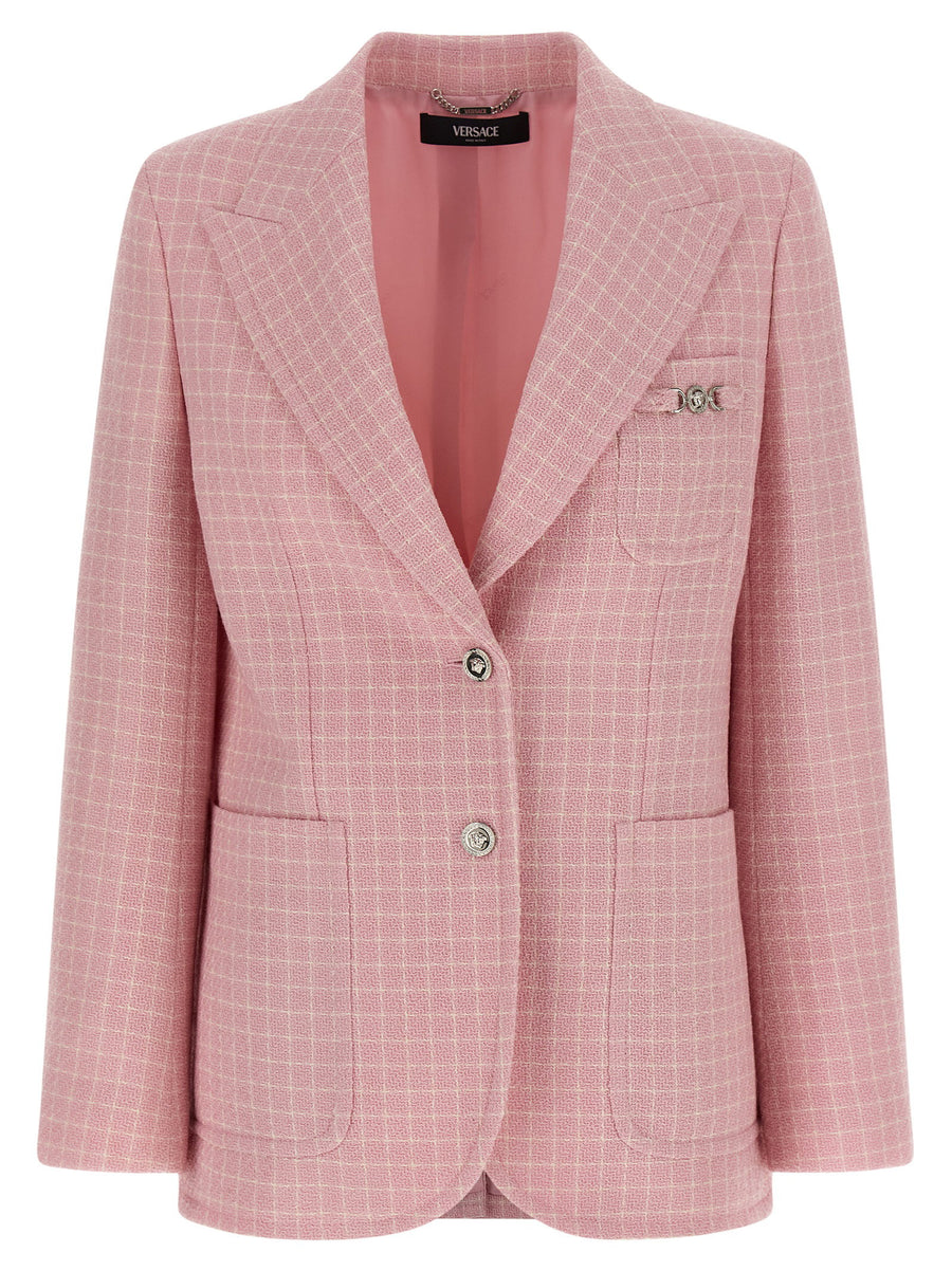 Versace Pink Check Knit Wool Crepe Blazer for Women with Medusa Patch Tailored Office Luxury