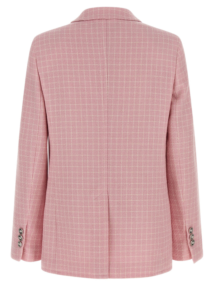 Versace Pink Check Knit Wool Crepe Blazer for Women with Medusa Patch Tailored Office Luxury