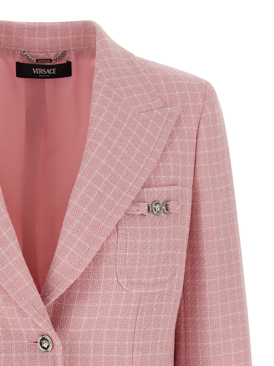 Versace Pink Check Knit Wool Crepe Blazer for Women with Medusa Patch Tailored Office Luxury