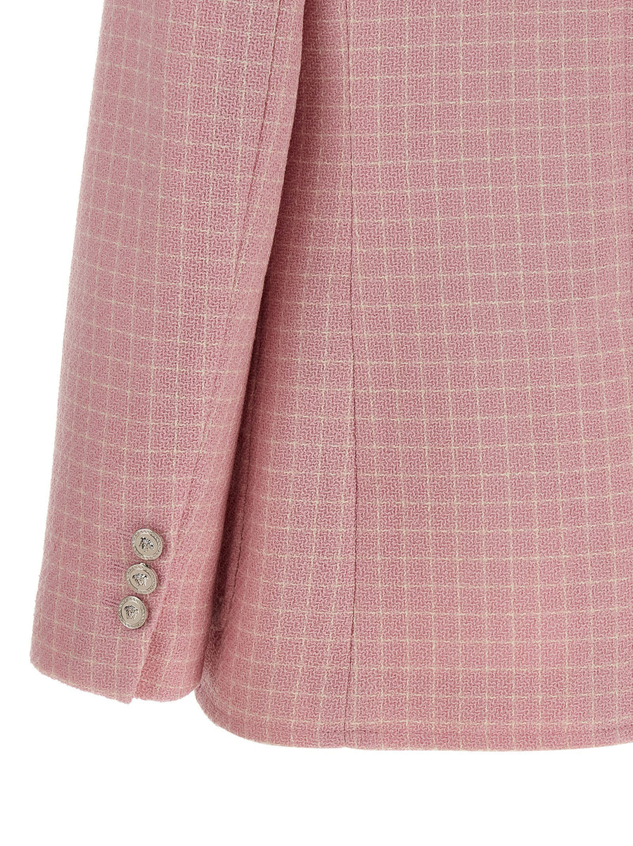 Versace Pink Check Knit Wool Crepe Blazer for Women with Medusa Patch Tailored Office Luxury