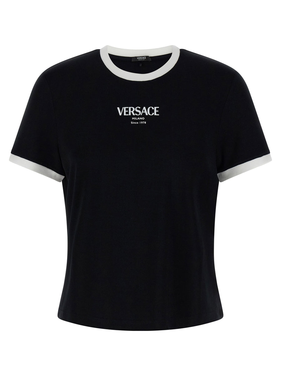 Versace Logo T Shirt Viscose Stretch Jersey Crew Neck Short Sleeves White Black