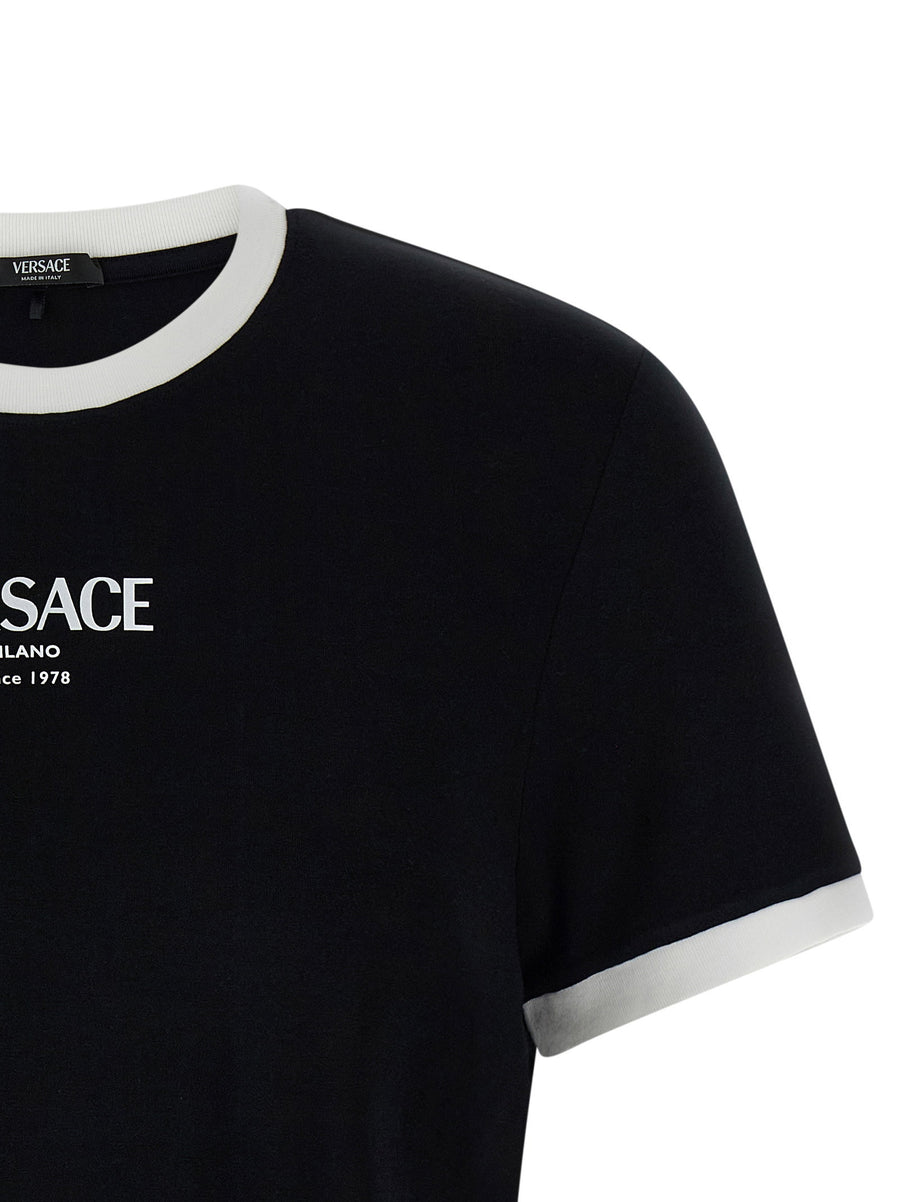 Versace Logo T Shirt Viscose Stretch Jersey Crew Neck Short Sleeves White Black