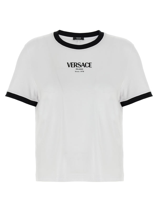 Versace Logo T Shirt Women White Black Viscose Stretch Jersey Round Neck Short Sleeve Luxury Top